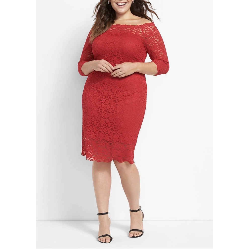 LANE BRYANT SIZE 26 HAUTE RED OFF-THE-SHOULDER STRETCH LACE SHEATH DRESS‎ NWT
